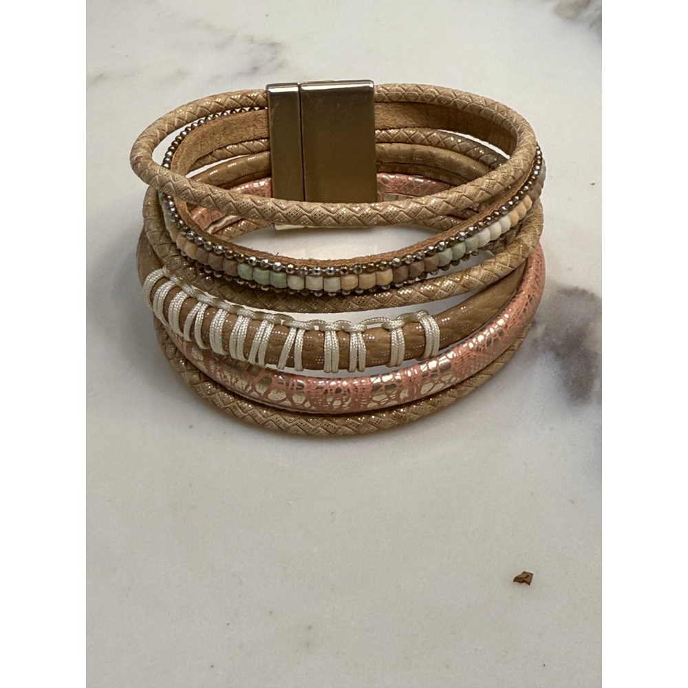 Gold and Pink Enamel Accent Cuff Bracelet